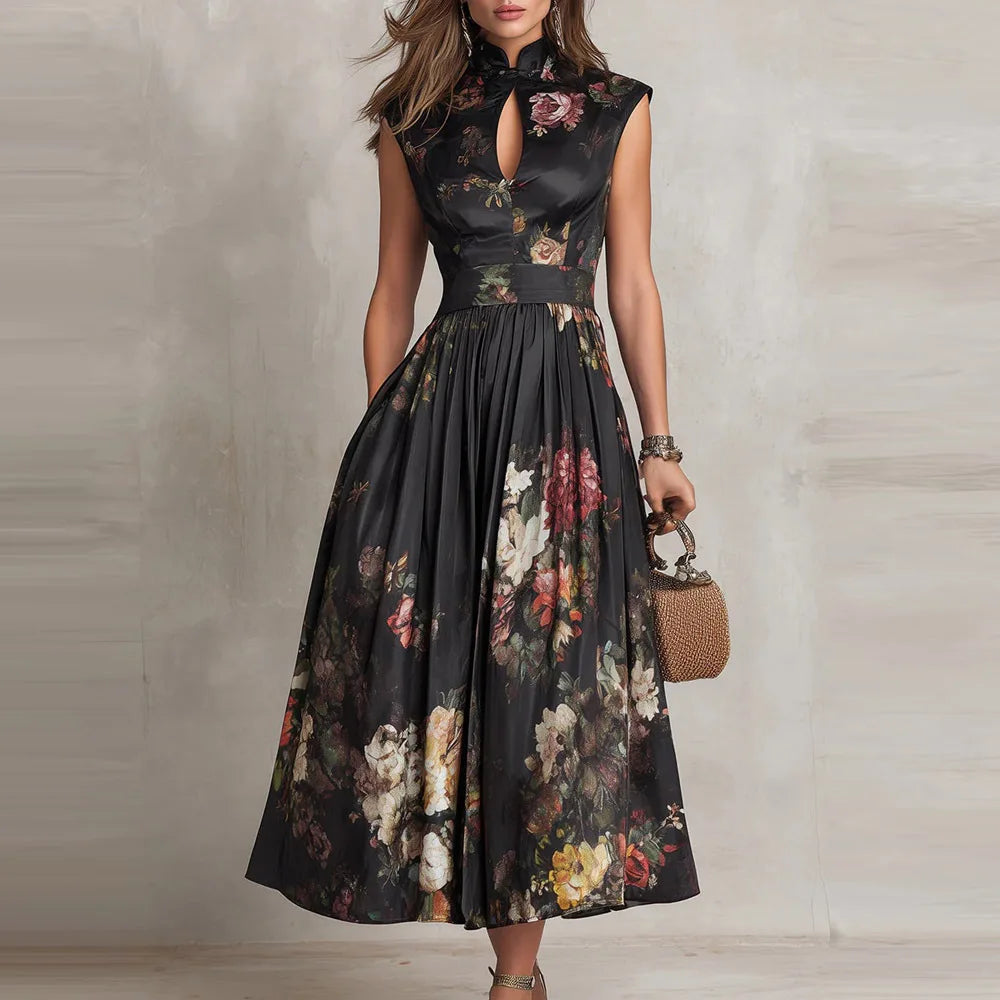 t Sleeveless Hollow Evening Dress Woman Mandarin Collar High Waist Pleated Dress New Floral Print Satin Long Dresses