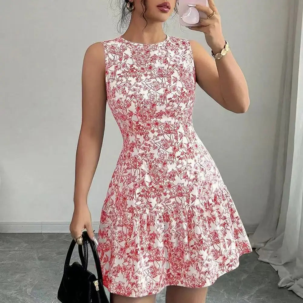 French-Style Blue And White Floral Dress, Sleeveless With A Round Neckline