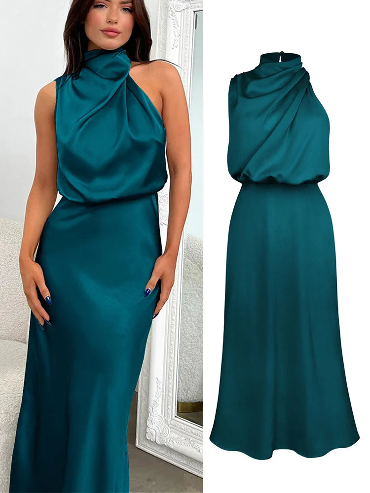 High-End Silk Satin Sleeveless Long Dress