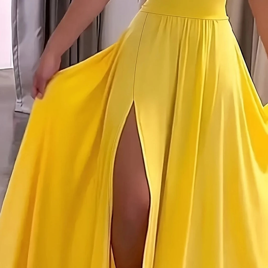 Slit Lace-Up Backless Camisole Dress, Elegant Sleeveless V-Neck Cinched Waist Dress