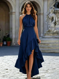 Elegant Summer Long Sleeveless Dress with Ruffle Neckline
