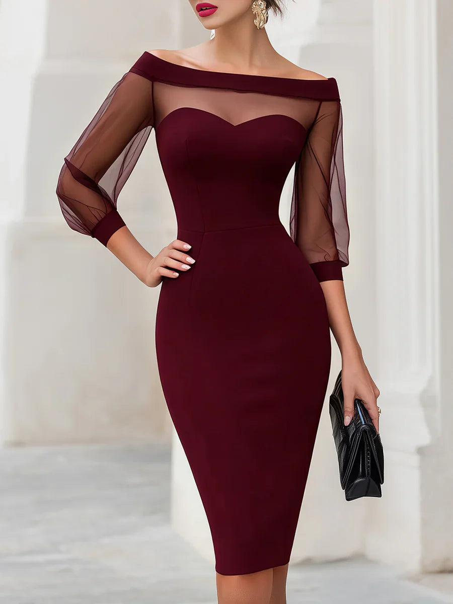 Off The Shoulder Neck Sheer Mesh Long Sleeve Bodycon Midi Dress For Women