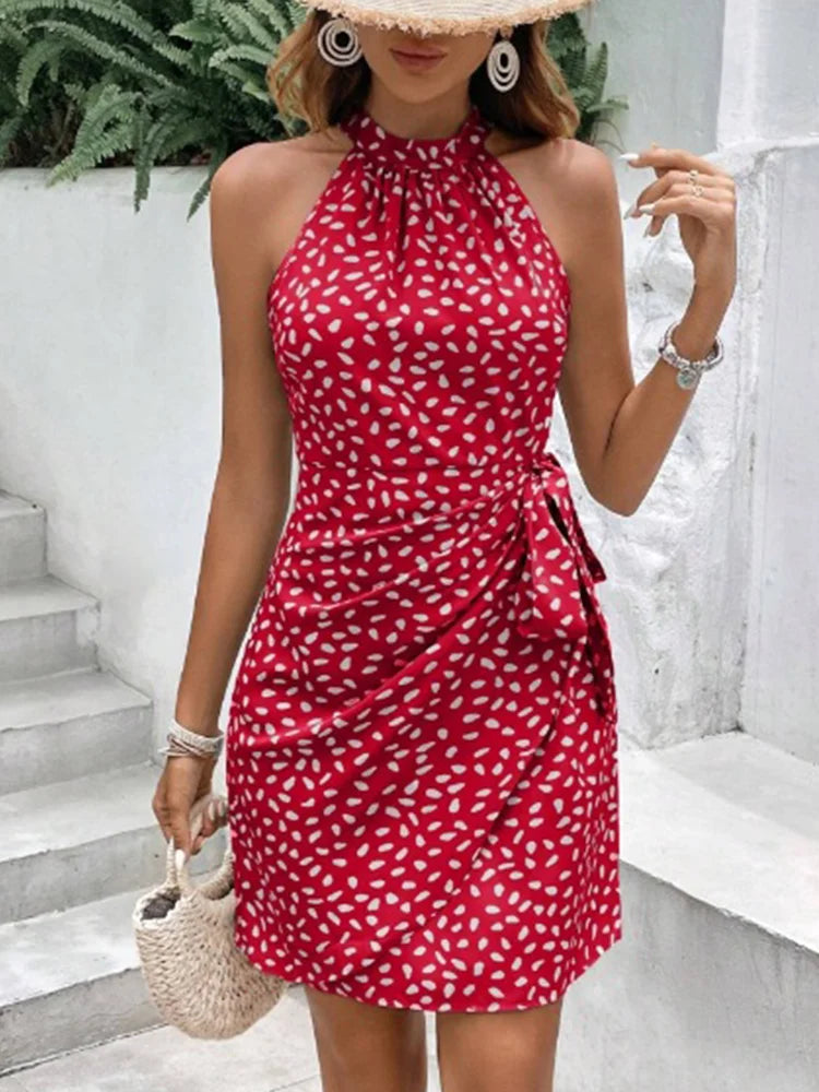 Solid Colored Polka Dot  Women's Camisole Sleeveless Lace Up Dress