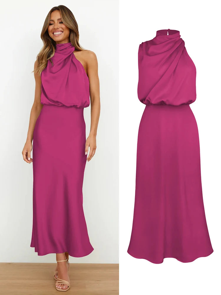 High-End Silk Satin Sleeveless Long Dress