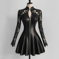 Leather Lace Patchwork Waist-Cinching Dress Autumn Winter Long Sleeve Zipper dress