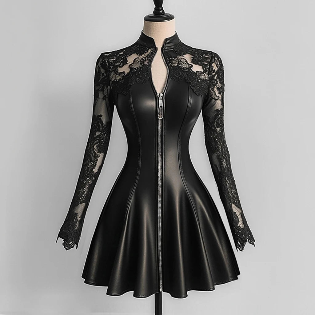 Leather Lace Patchwork Waist-Cinching Dress Autumn Winter Long Sleeve Zipper dress