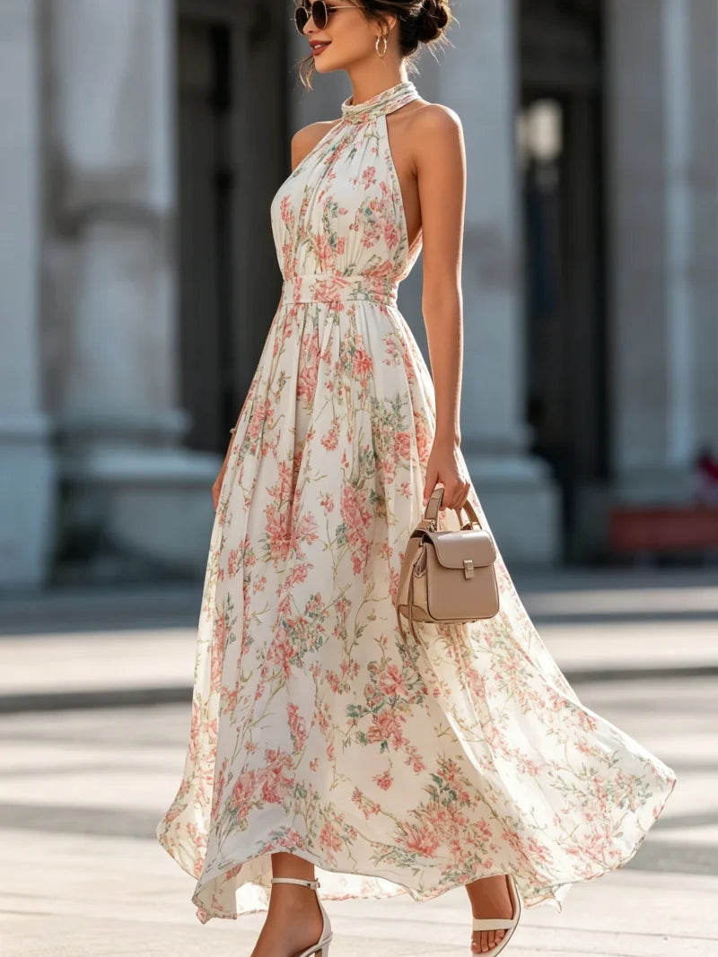Women Halter Neck Sleeveless Floral Print Waist Tie Maxi Dress Elegant  Dress