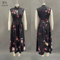 t Sleeveless Hollow Evening Dress Woman Mandarin Collar High Waist Pleated Dress New Floral Print Satin Long Dresses