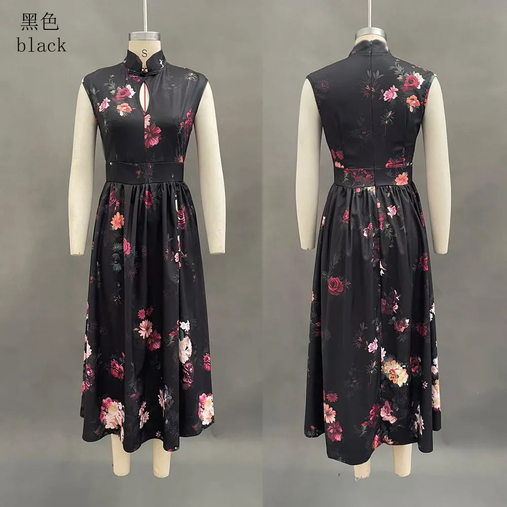 t Sleeveless Hollow Evening Dress Woman Mandarin Collar High Waist Pleated Dress New Floral Print Satin Long Dresses