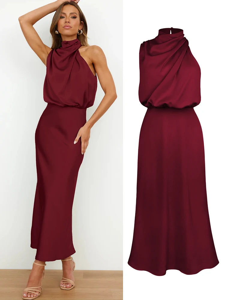 High-End Silk Satin Sleeveless Long Dress