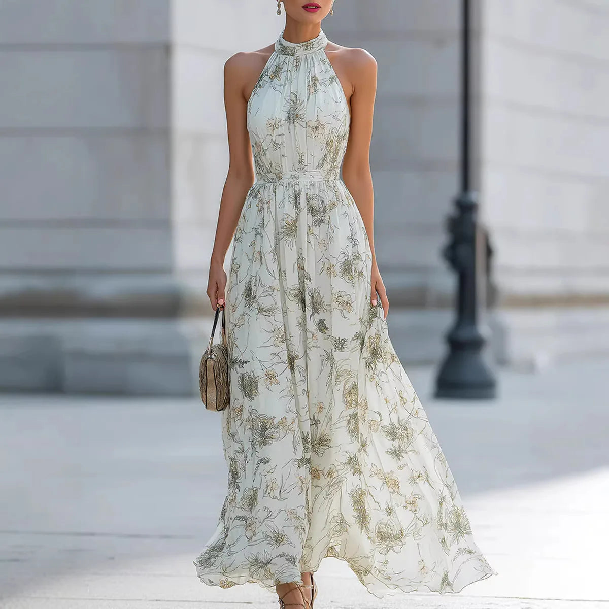 Women Halter Neck Sleeveless Floral Print Waist Tie Maxi Dress Elegant  Dress