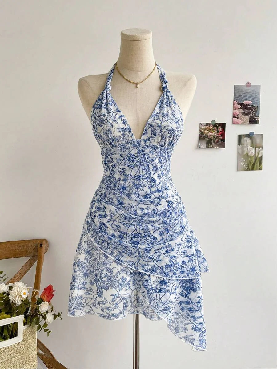 Women Blue Floral Mesh Dress, V Neck Sexy Elegant Sweet Slim Fit Casual Party Dress