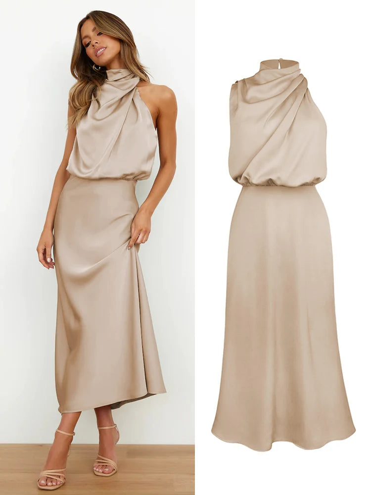 High-End Silk Satin Sleeveless Long Dress