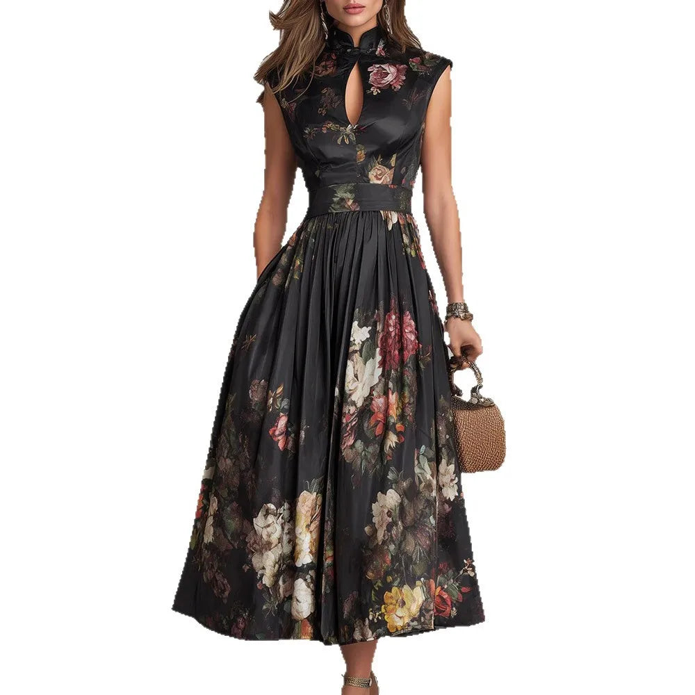 t Sleeveless Hollow Evening Dress Woman Mandarin Collar High Waist Pleated Dress New Floral Print Satin Long Dresses