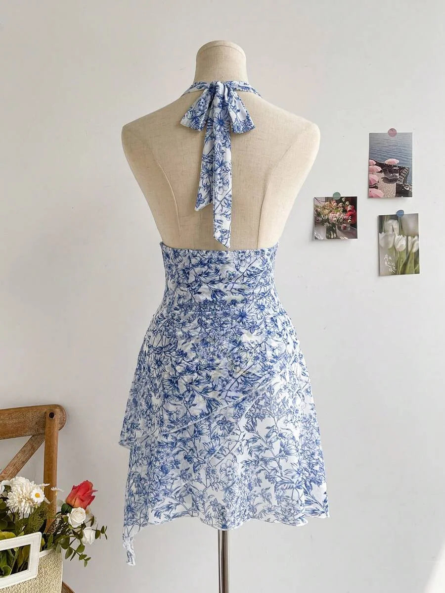 Women Blue Floral Mesh Dress, V Neck Sexy Elegant Sweet Slim Fit Casual Party Dress