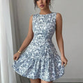 French-Style Blue And White Floral Dress, Sleeveless With A Round Neckline