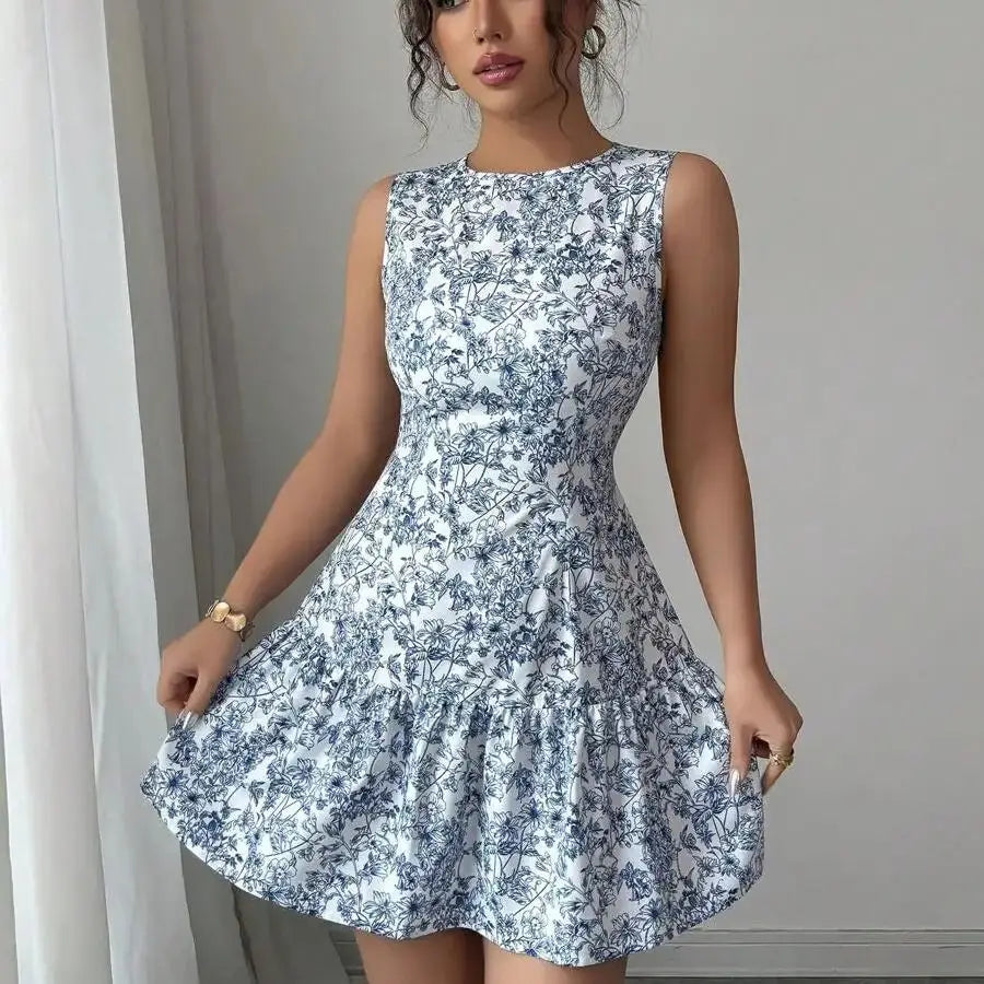 French-Style Blue And White Floral Dress, Sleeveless With A Round Neckline