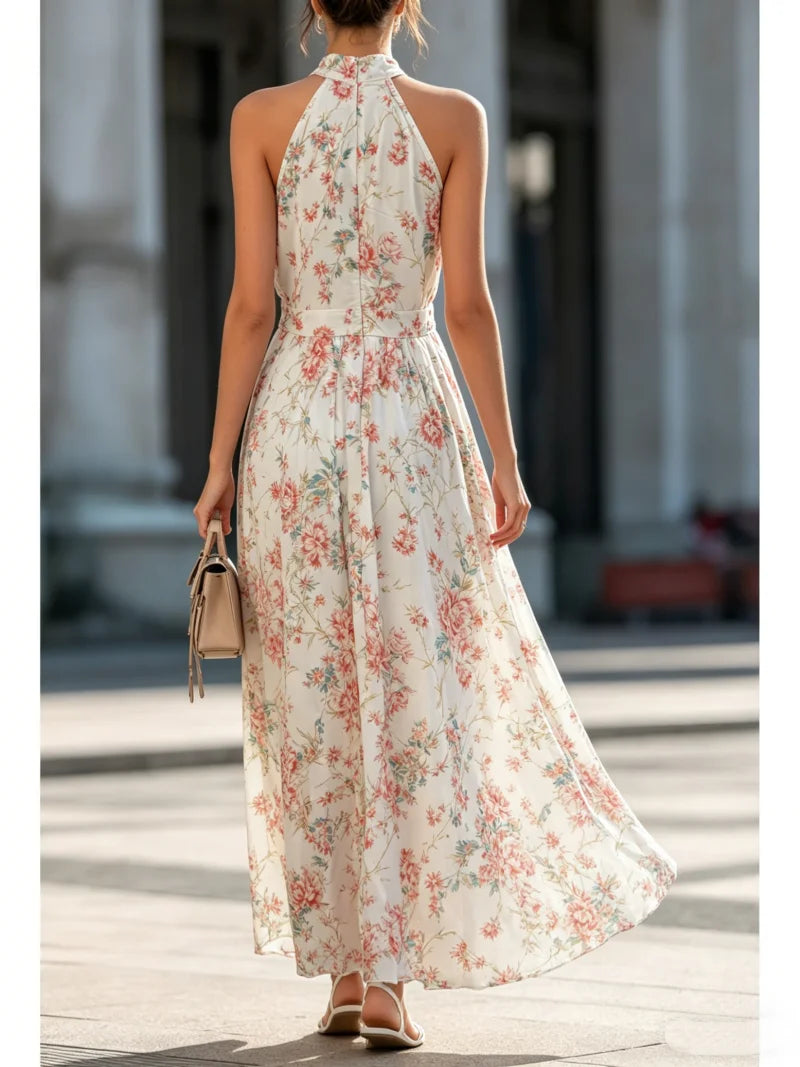 Women Halter Neck Sleeveless Floral Print Waist Tie Maxi Dress Elegant  Dress