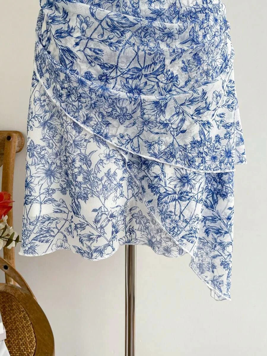 Women Blue Floral Mesh Dress, V Neck Sexy Elegant Sweet Slim Fit Casual Party Dress
