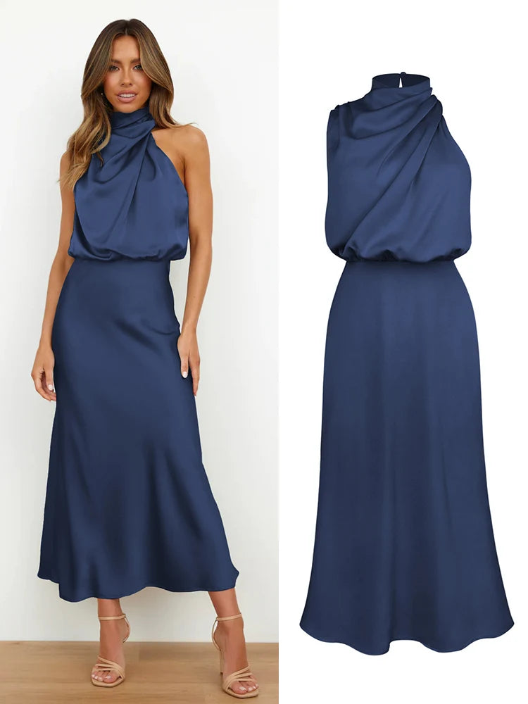 High-End Silk Satin Sleeveless Long Dress
