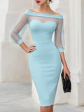Off The Shoulder Neck Sheer Mesh Long Sleeve Bodycon Midi Dress For Women