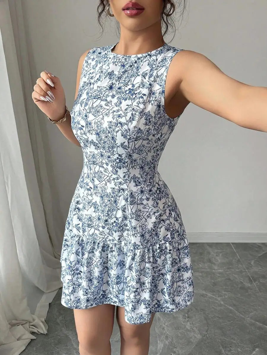 French-Style Blue And White Floral Dress, Sleeveless With A Round Neckline