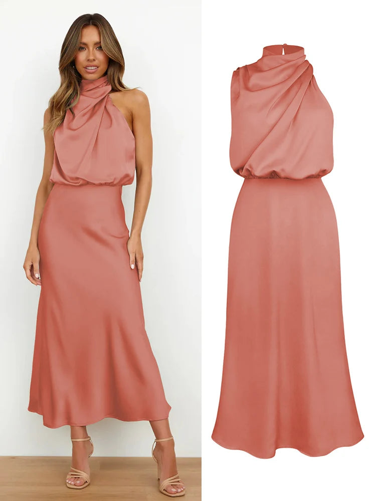 High-End Silk Satin Sleeveless Long Dress