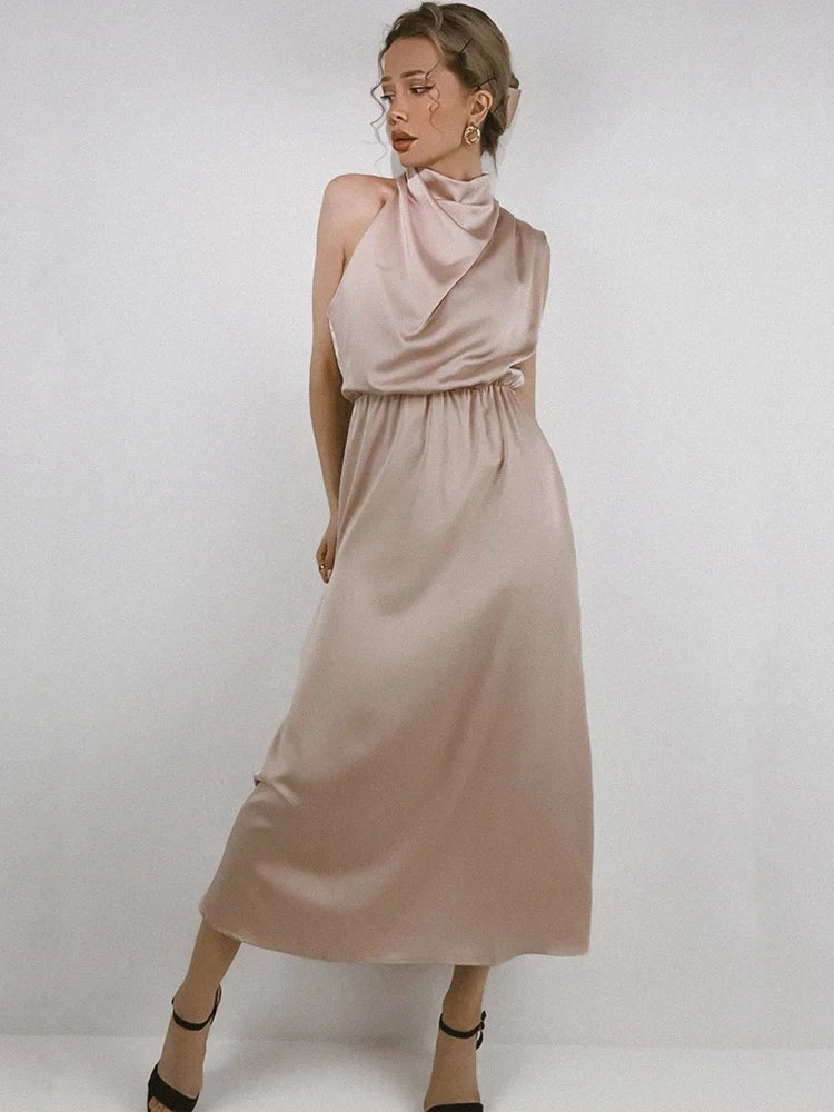 High-End Silk Satin Sleeveless Long Dress