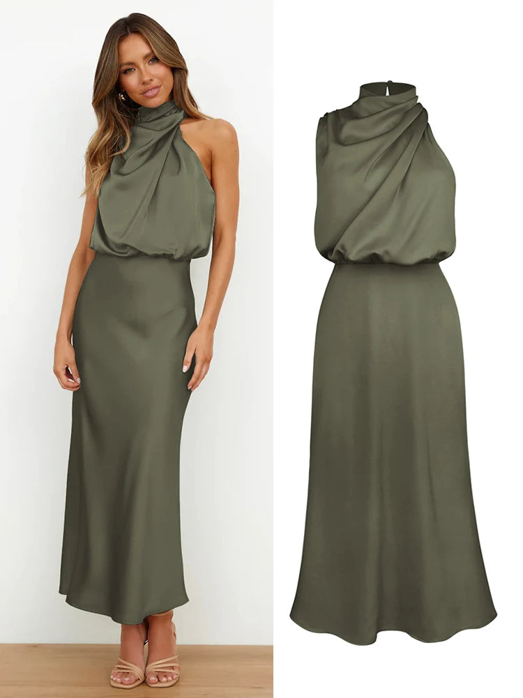 High-End Silk Satin Sleeveless Long Dress