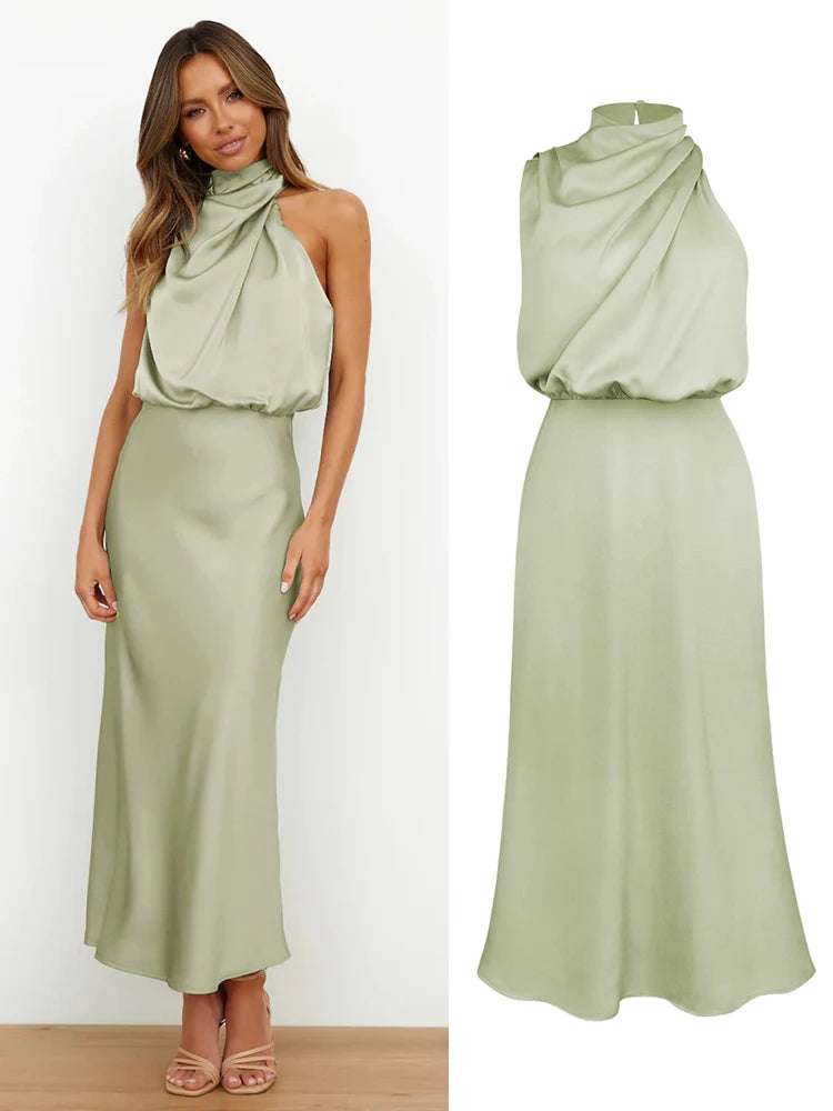 High-End Silk Satin Sleeveless Long Dress