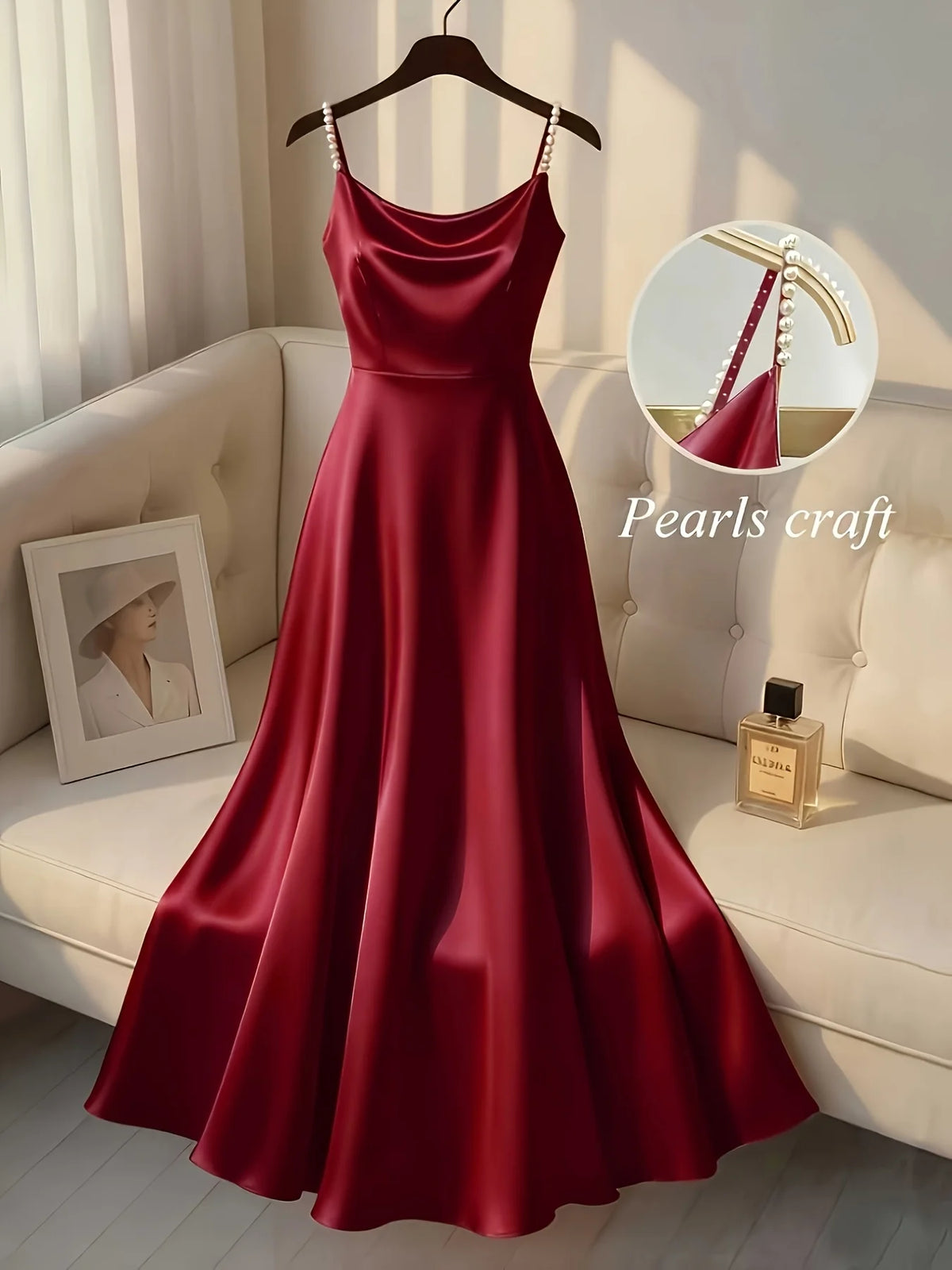 Pearl Strap Satin Slip Retro Dress. Simple in Design, Stylish and Elegant dress