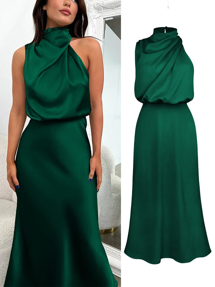 High-End Silk Satin Sleeveless Long Dress