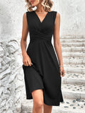 Women's Elegant V Neck Wrap Waist Midi Dress Sleeveless Solid Color