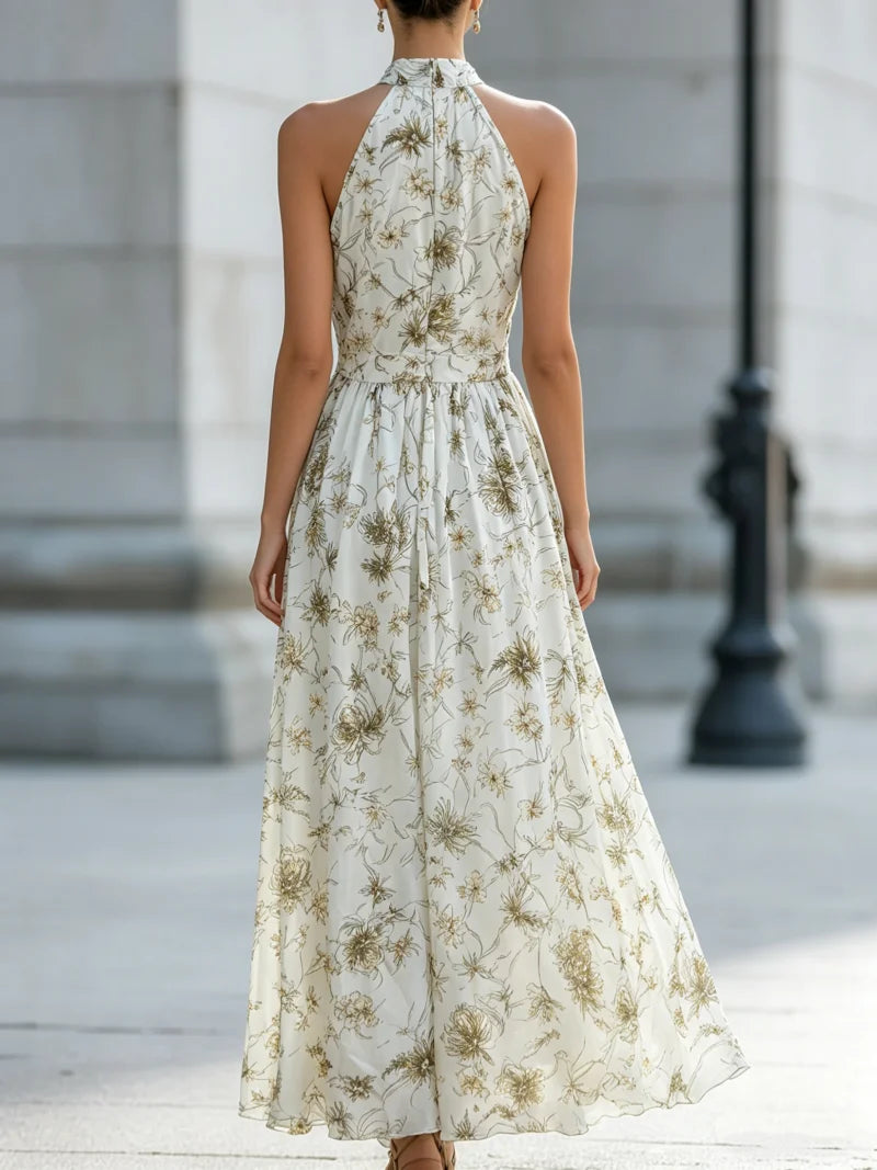 Women Halter Neck Sleeveless Floral Print Waist Tie Maxi Dress Elegant  Dress