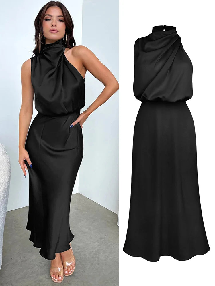 High-End Silk Satin Sleeveless Long Dress