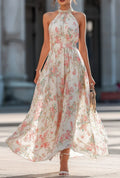 Women Halter Neck Sleeveless Floral Print Waist Tie Maxi Dress Elegant  Dress