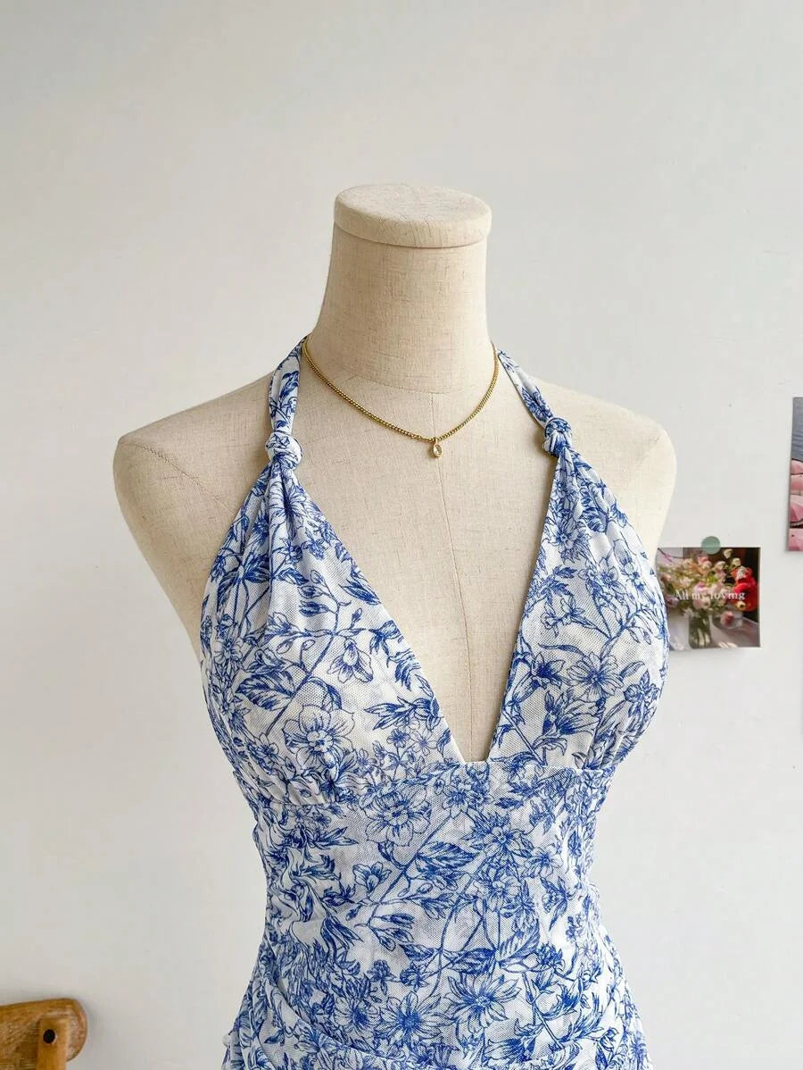 Women Blue Floral Mesh Dress, V Neck Sexy Elegant Sweet Slim Fit Casual Party Dress