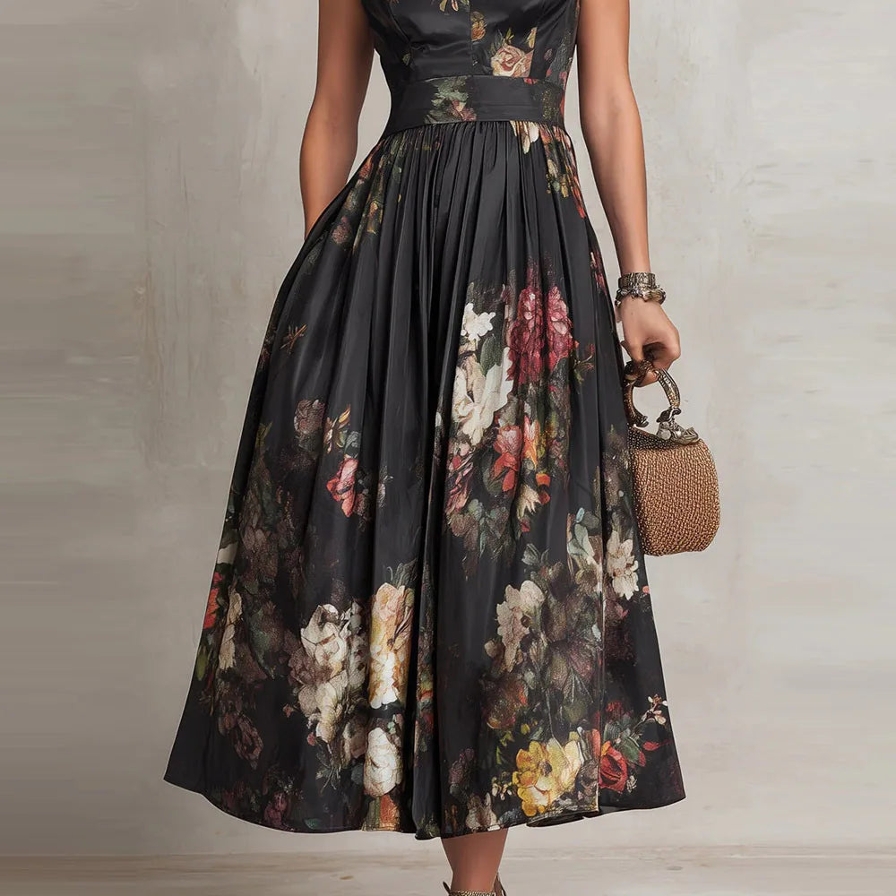 t Sleeveless Hollow Evening Dress Woman Mandarin Collar High Waist Pleated Dress New Floral Print Satin Long Dresses