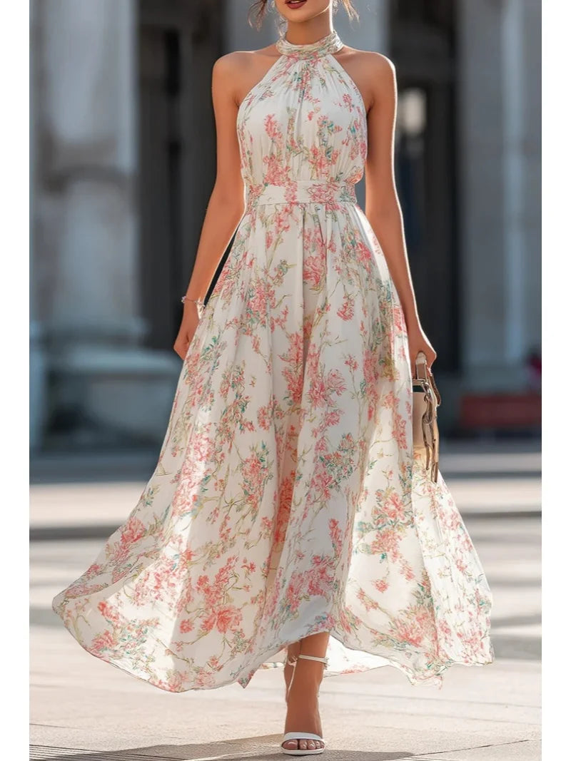 Women Halter Neck Sleeveless Floral Print Waist Tie Maxi Dress Elegant  Dress