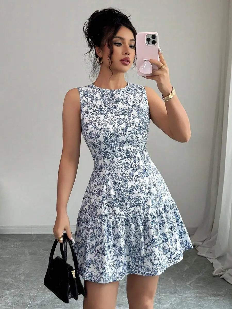 French-Style Blue And White Floral Dress, Sleeveless With A Round Neckline