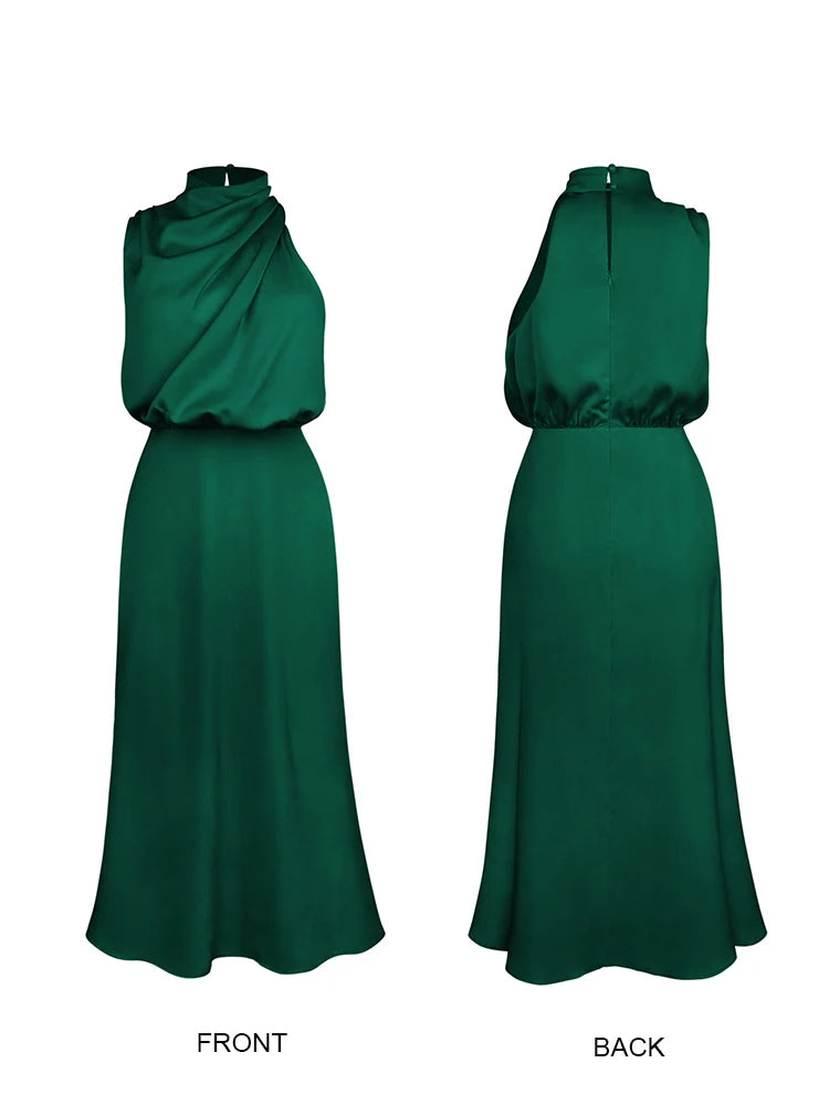 High-End Silk Satin Sleeveless Long Dress