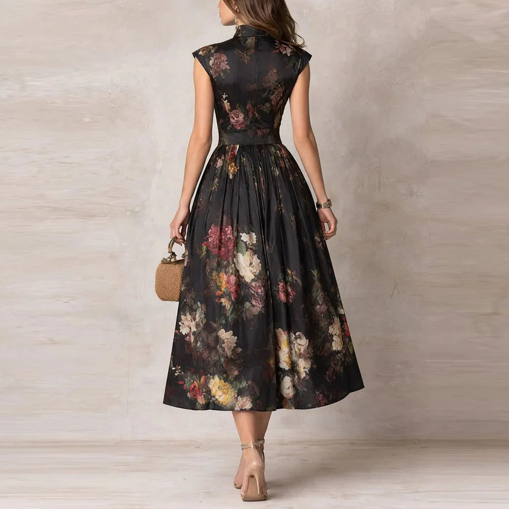 t Sleeveless Hollow Evening Dress Woman Mandarin Collar High Waist Pleated Dress New Floral Print Satin Long Dresses