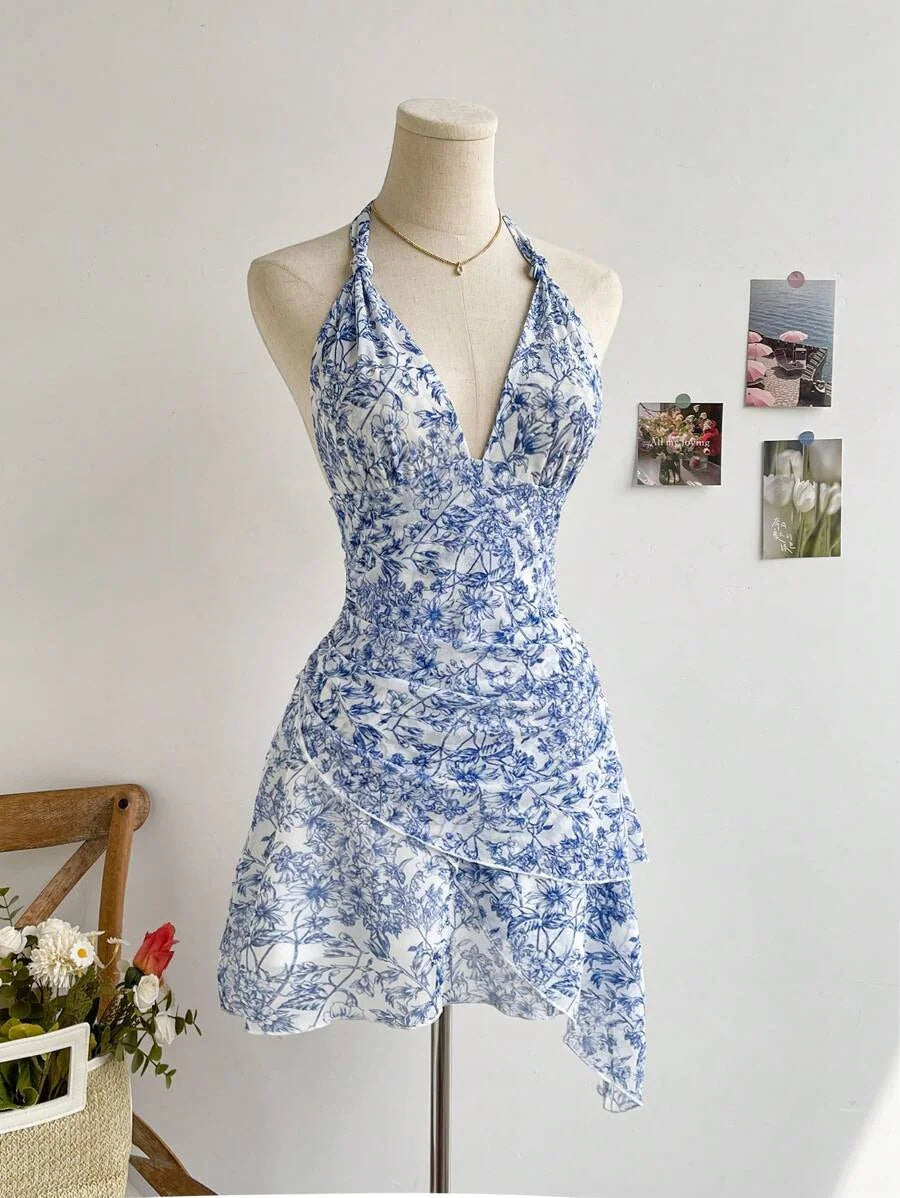Women Blue Floral Mesh Dress, V Neck Sexy Elegant Sweet Slim Fit Casual Party Dress