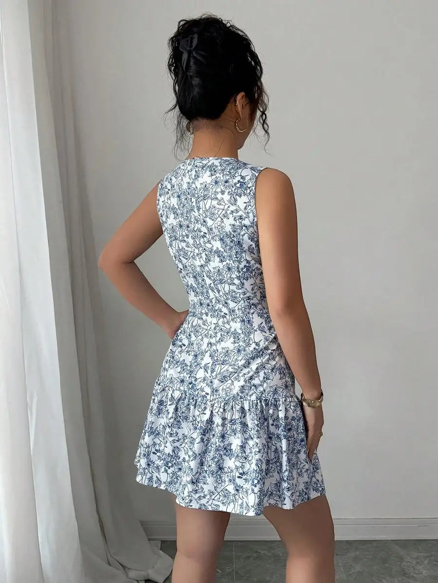 French-Style Blue And White Floral Dress, Sleeveless With A Round Neckline
