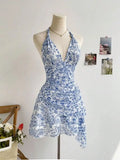 Women Blue Floral Mesh Dress, V Neck Sexy Elegant Sweet Slim Fit Casual Party Dress