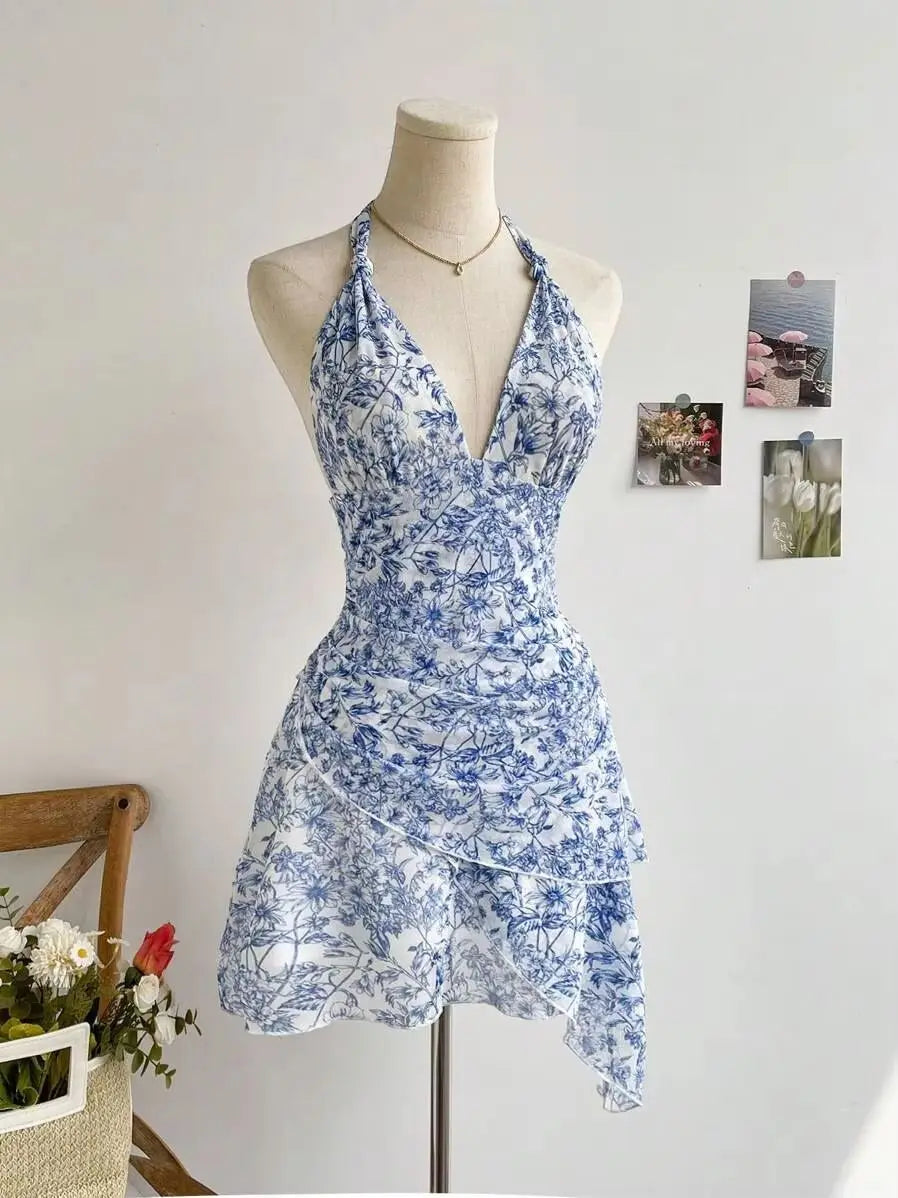 Women Blue Floral Mesh Dress, V Neck Sexy Elegant Sweet Slim Fit Casual Party Dress