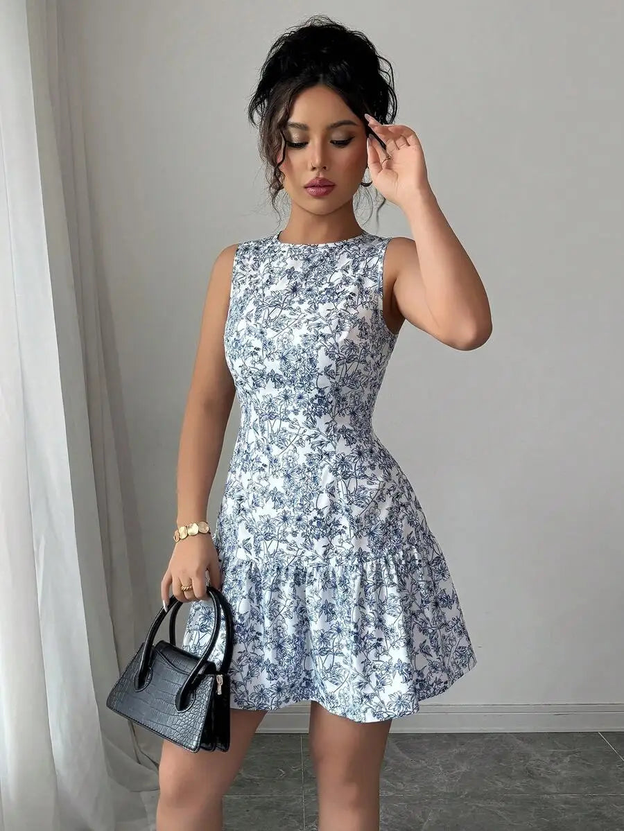 French-Style Blue And White Floral Dress, Sleeveless With A Round Neckline